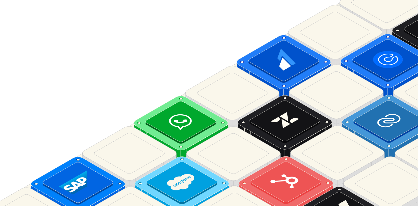 Isometric grid of tools namunah integrates with, including Salesforce, SAP, HubSpot and WhatsApp